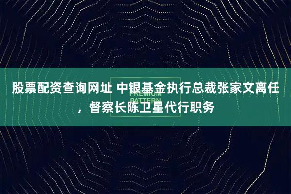 股票配资查询网址 中银基金执行总裁张家文离任，督察长陈卫星代行职务